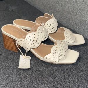 Joie Society Ivory White Scalloped Square Toe Block Heels
